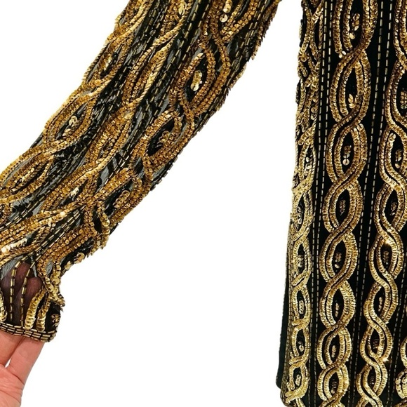 Vintage Stenay Beaded Tunic Top Dress Sequin Black Gold Silk Small - Picture 2 of 6